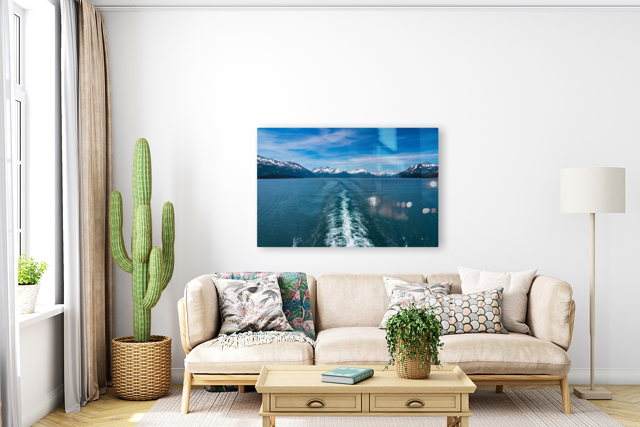 Cruise boat wake leaving town of Valdez in Alaska Reproduction