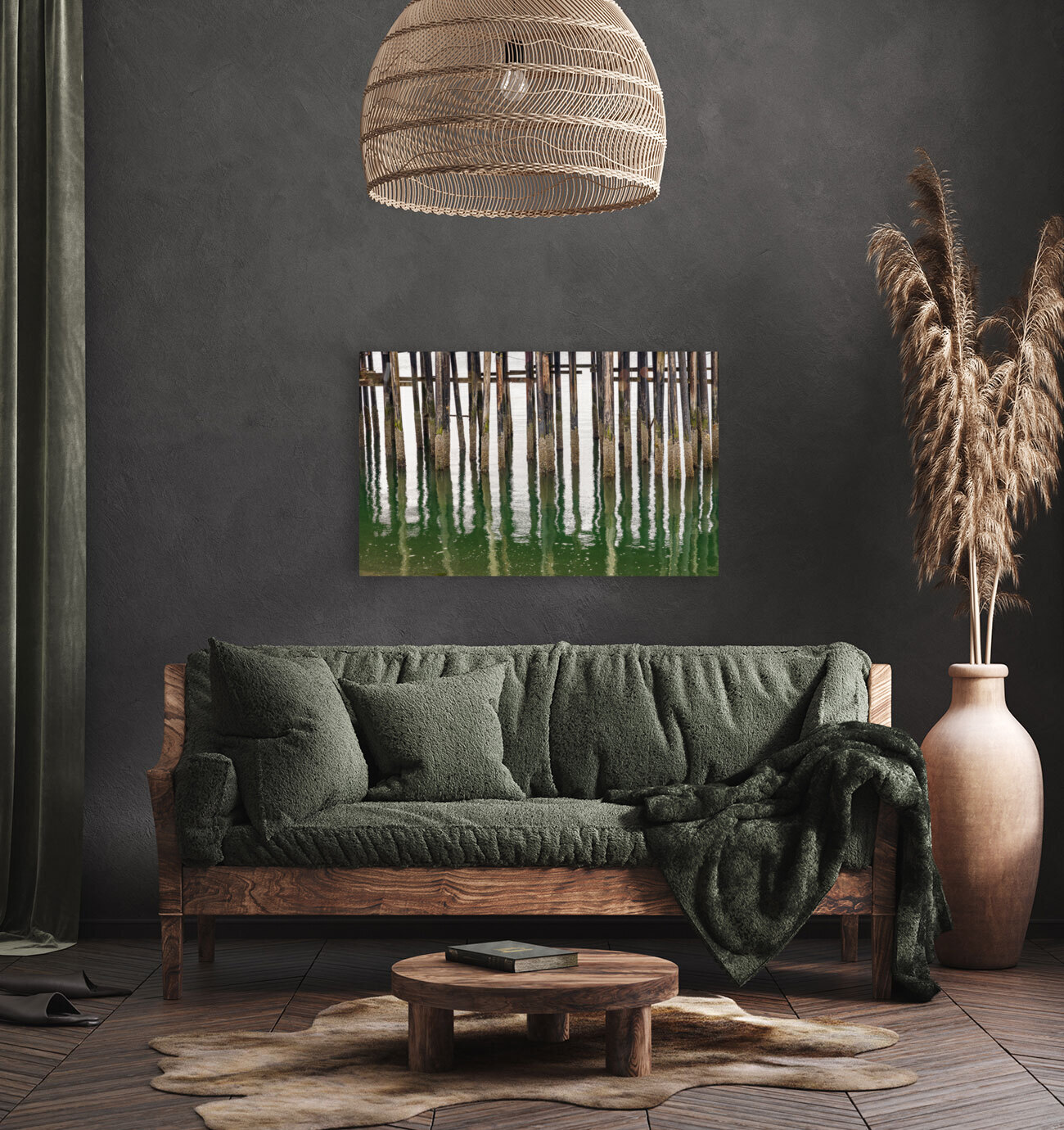 Old wooden pier structure in bay at Icy Strait Point in Alaska Reproduction