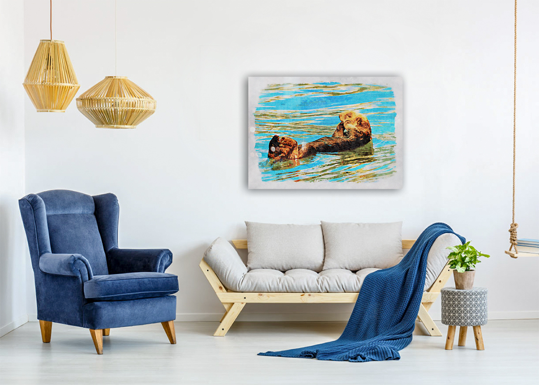 Digital watercolor of Sea Otter floating in the sea Reproduction