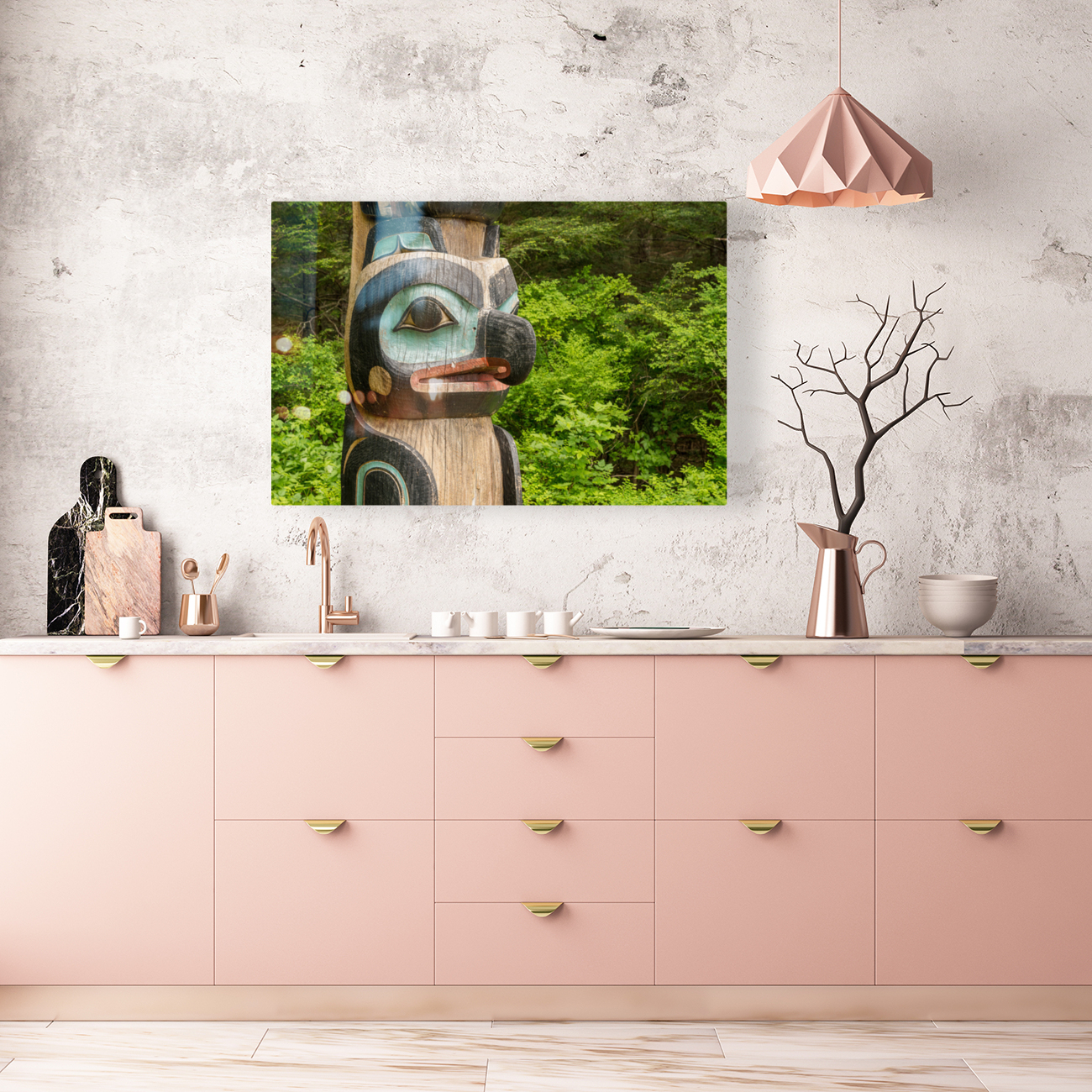 Detail of carved totem pole in the Sitka National Historical Par Reproduction