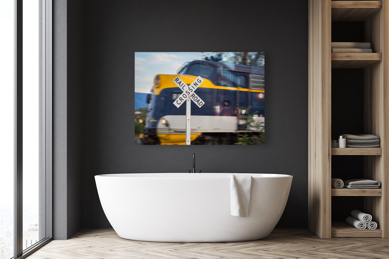 Diesel engine with railroad crossing sign Reproduction