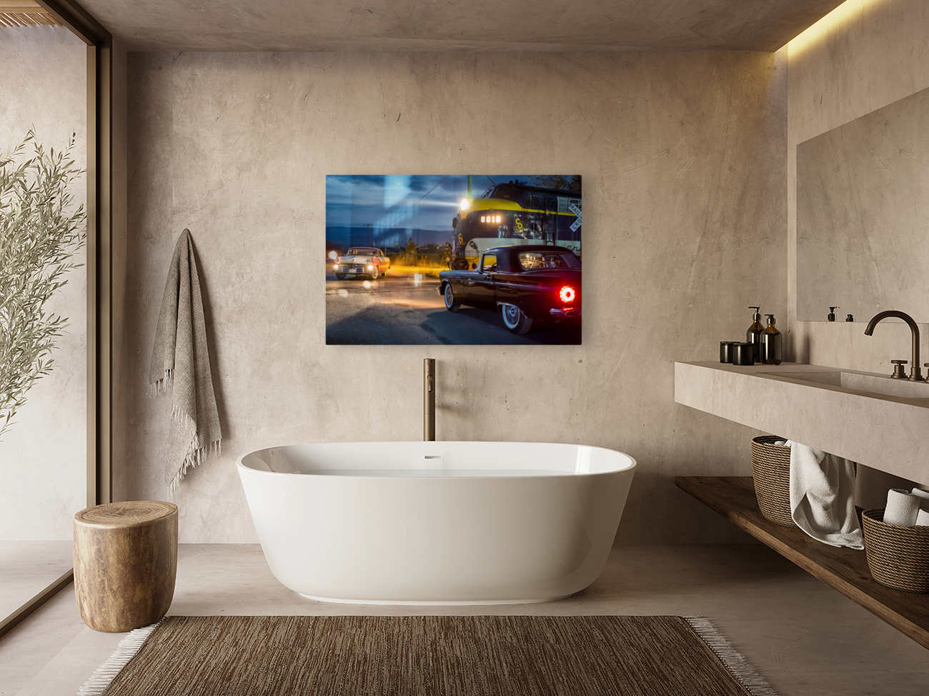 Two vintage cars racing to railroad crossing Reproduction