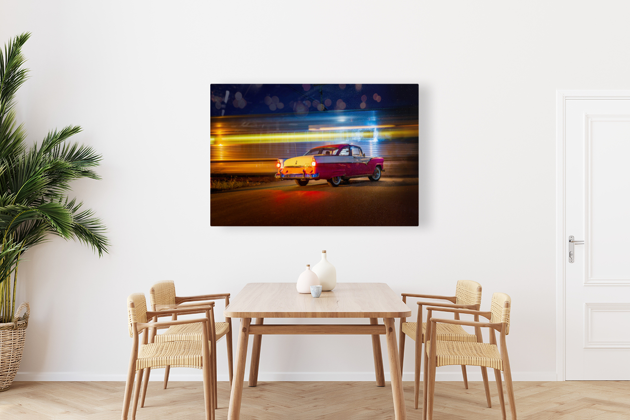 Vintage car at railroad crossing Reproduction