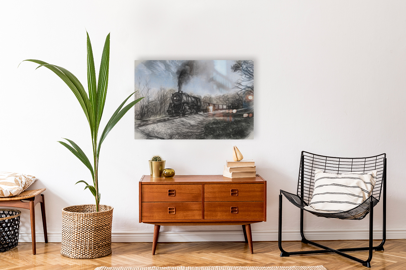 WMRR Steam train in charcoal sketch Reproduction