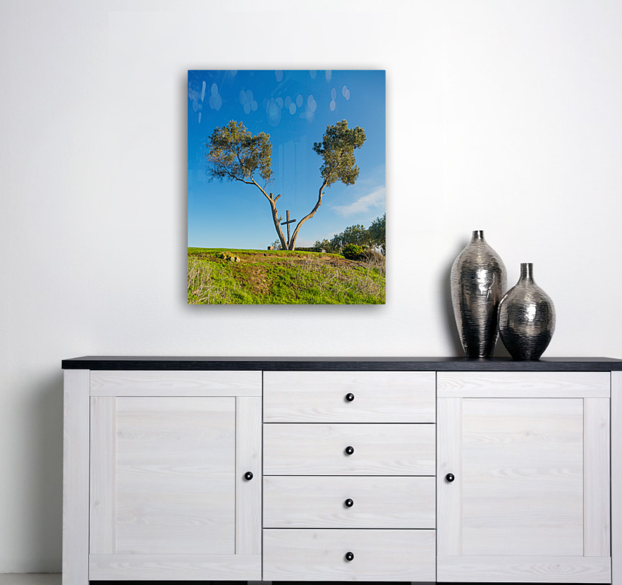 Serra Cross in Ventura California between trees Reproduction