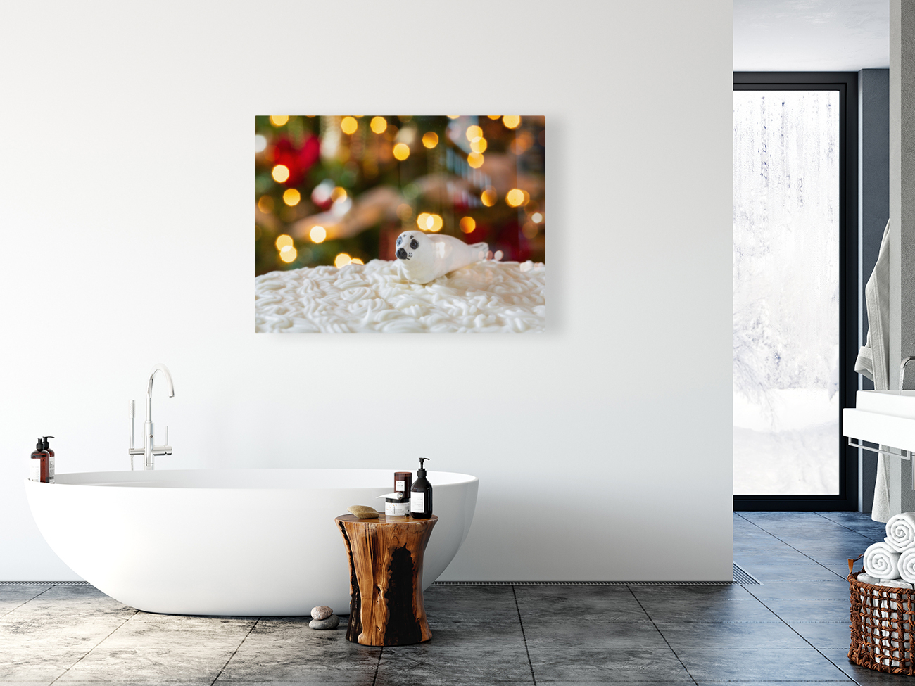 Seal on Christmas cake with tree lights Reproduction