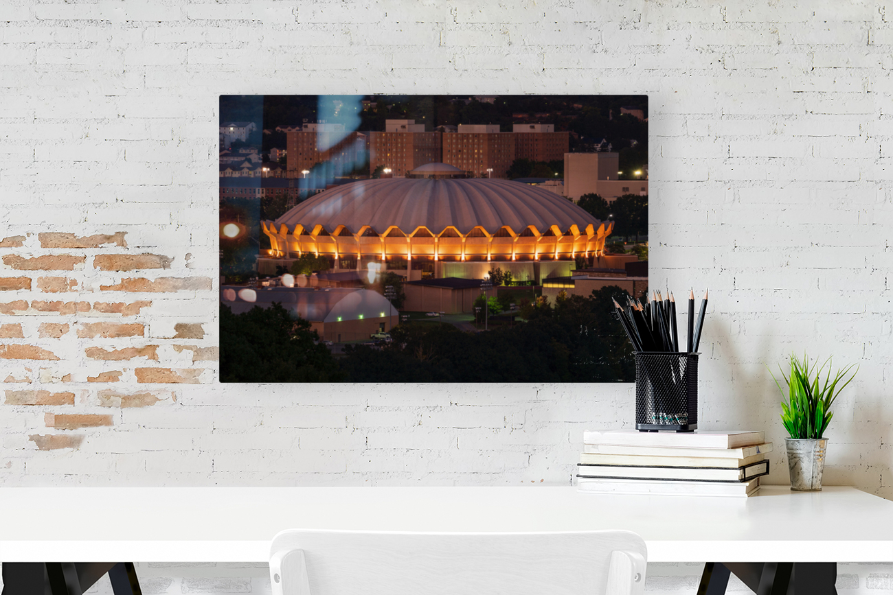 Illuminted Coliseum at WVU at dusk Reproduction
