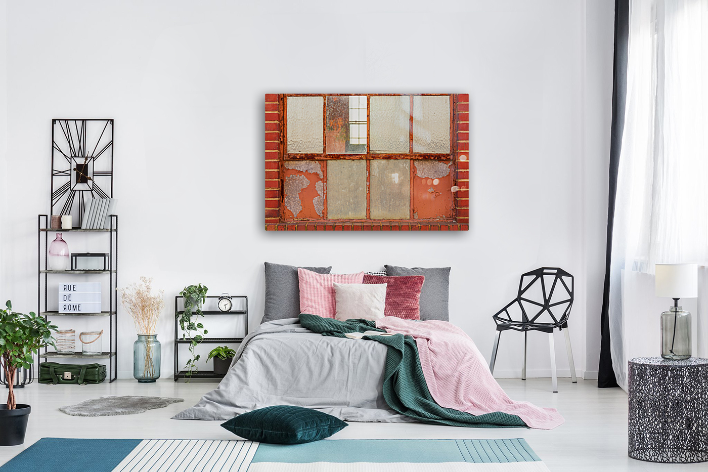 Old rusty window in warehouse painted red and orange Reproduction