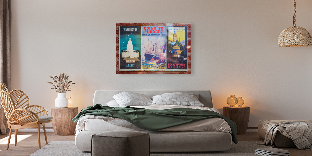 Three antique travel posters on the wall  Reproduction