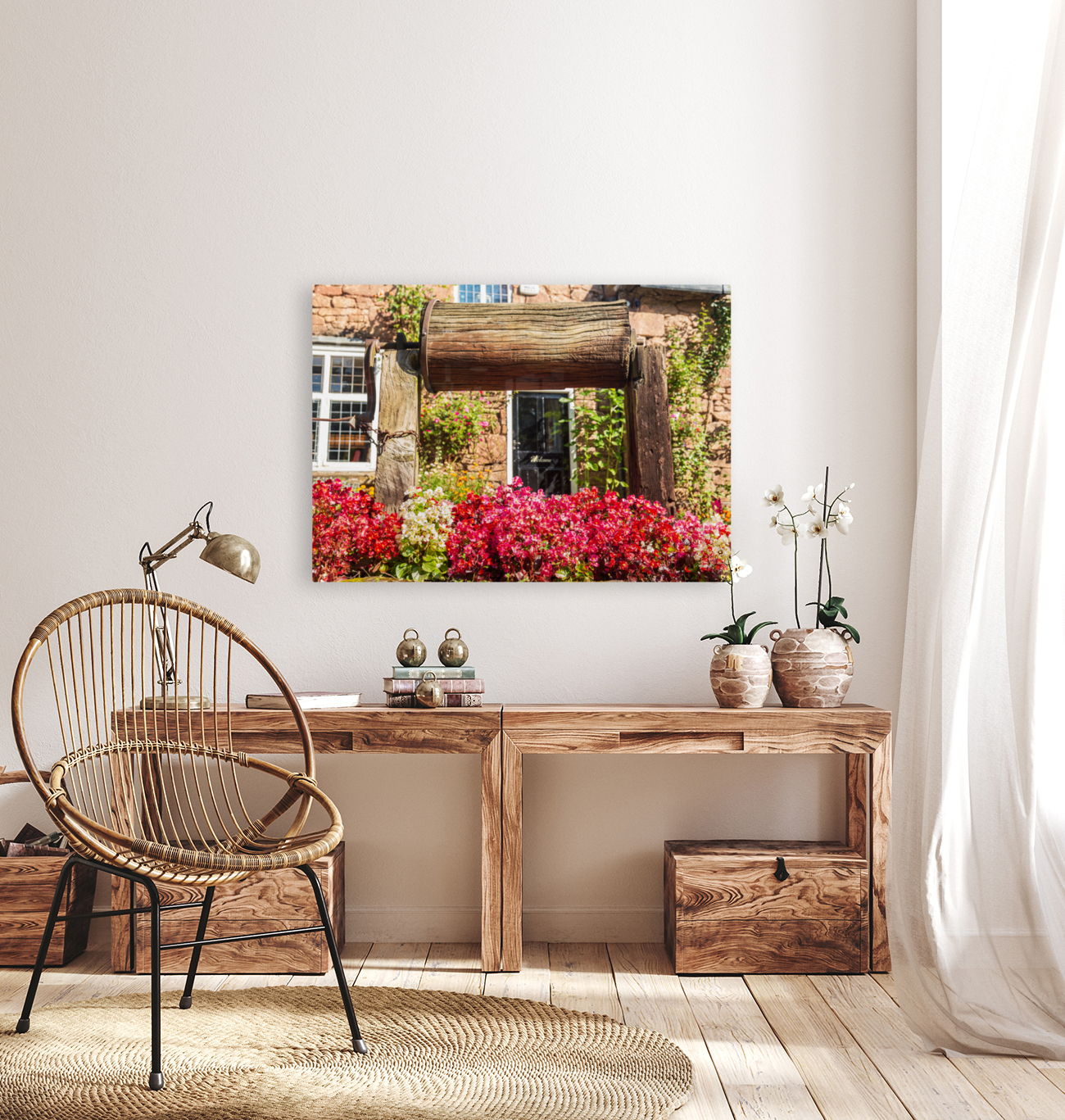 Wooden well winch frames welcome sign Reproduction