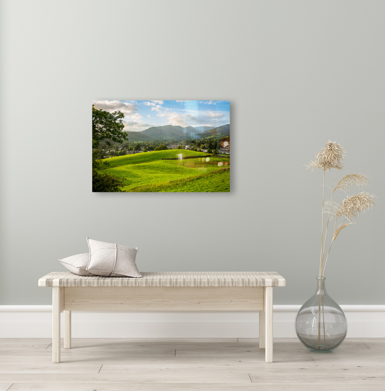 View over fields to Ambleside Lake District Reproduction