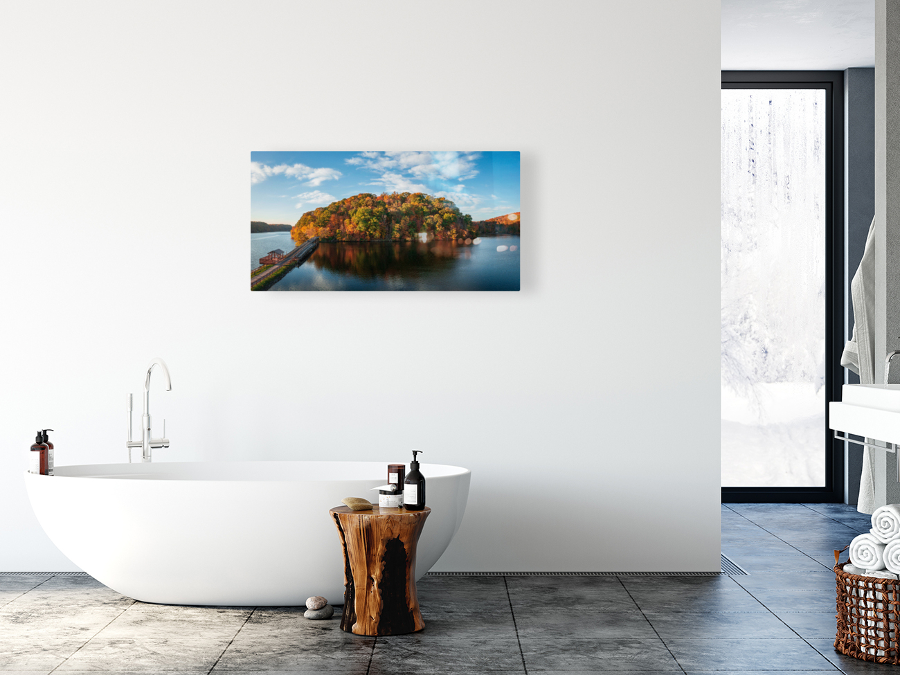 Aerial view with reflection of fall leaves in Cheat Lake Park Reproduction