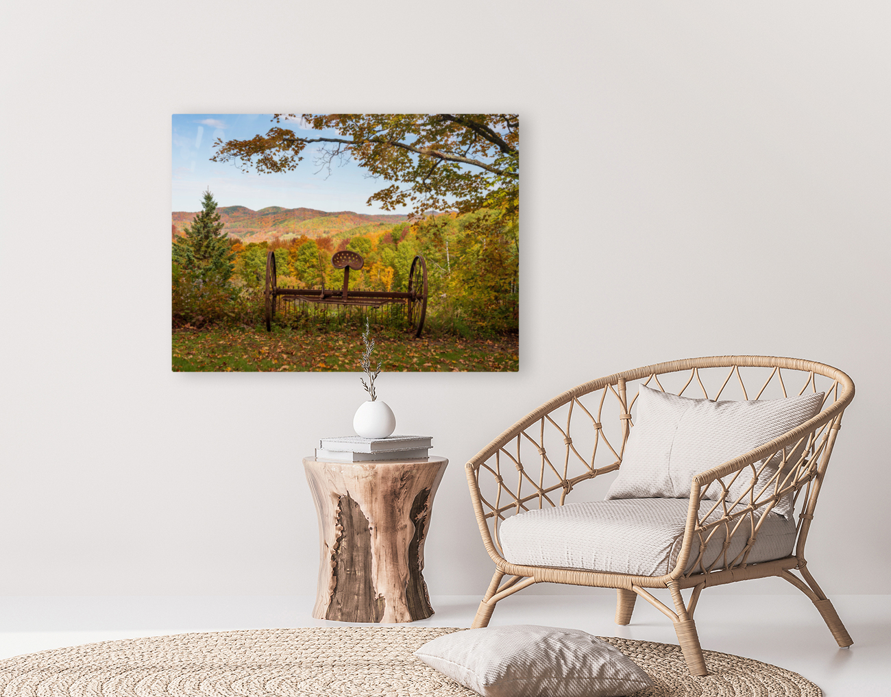 Horse drawn rake by fall colors in Vermont Reproduction