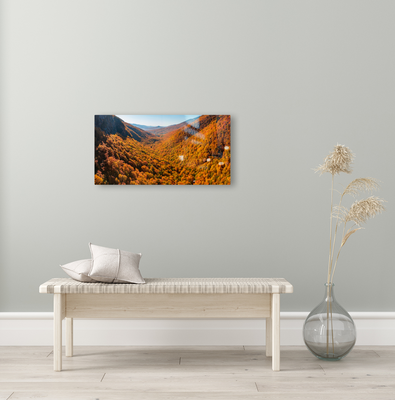 Aerial view of Smugglers Notch with fall trees in Vermont Reproduction