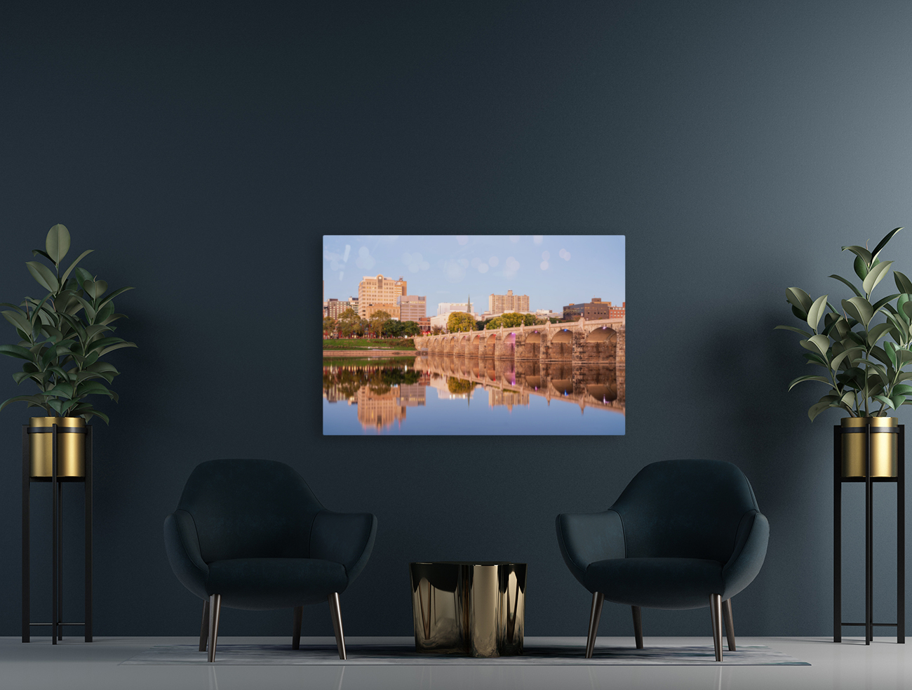 Reflections of Market Street bridge in the Susquehanna river Reproduction