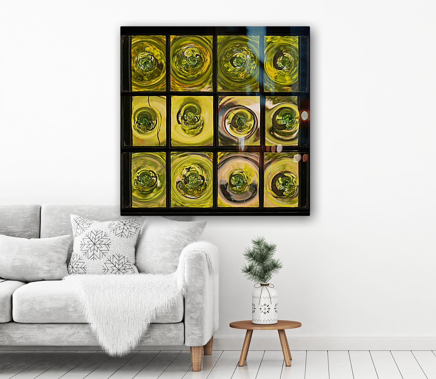 Window of old crown glass panes reflected garden Reproduction