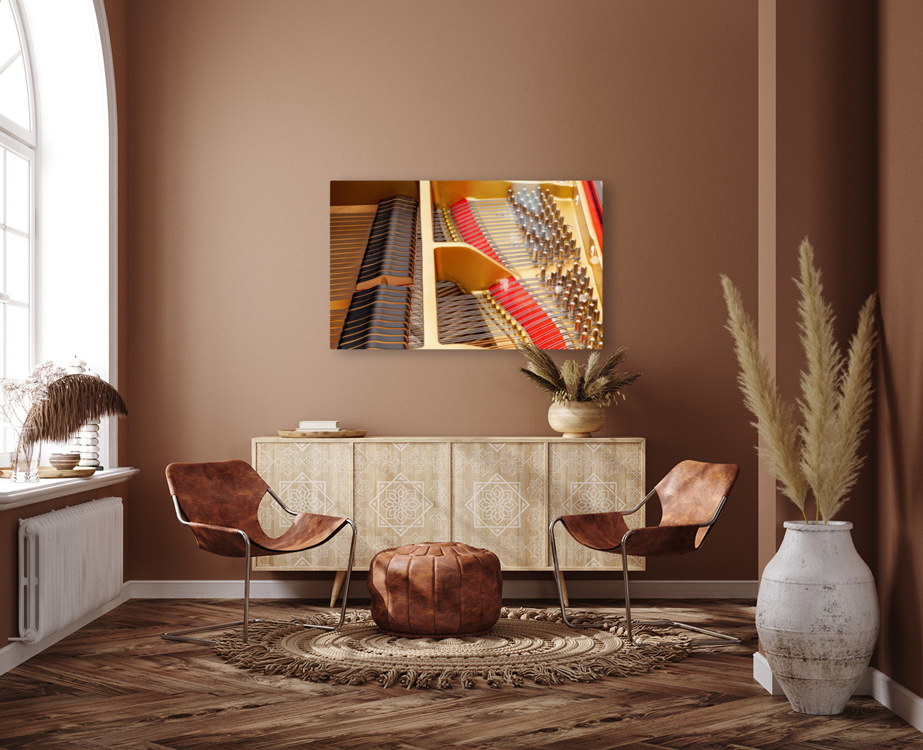 Interior of grand piano with strings Reproduction