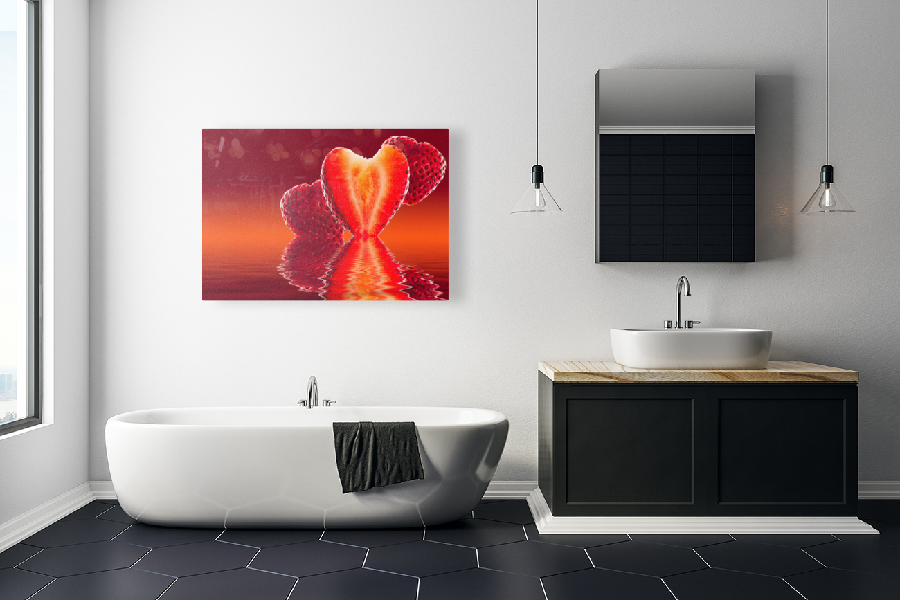 Fresh sliced strawberry in heart shape reflected Reproduction