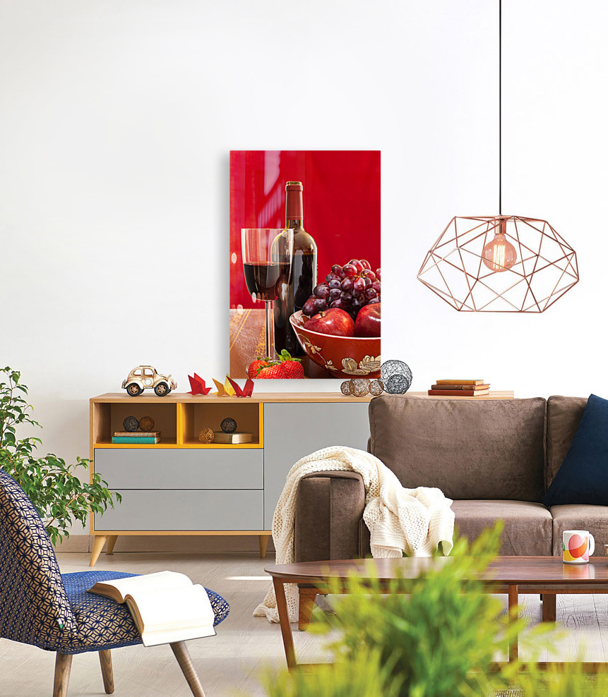 Red wine bottle and fruit with glass Reproduction