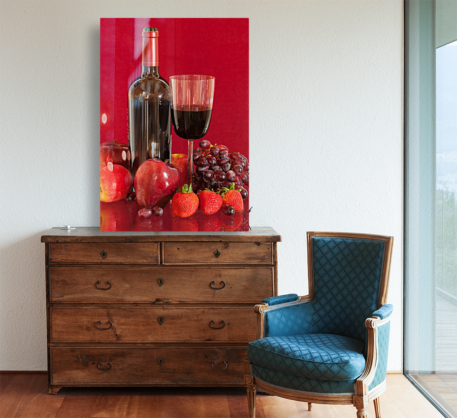 Red wine bottle and fruit with glass Reproduction