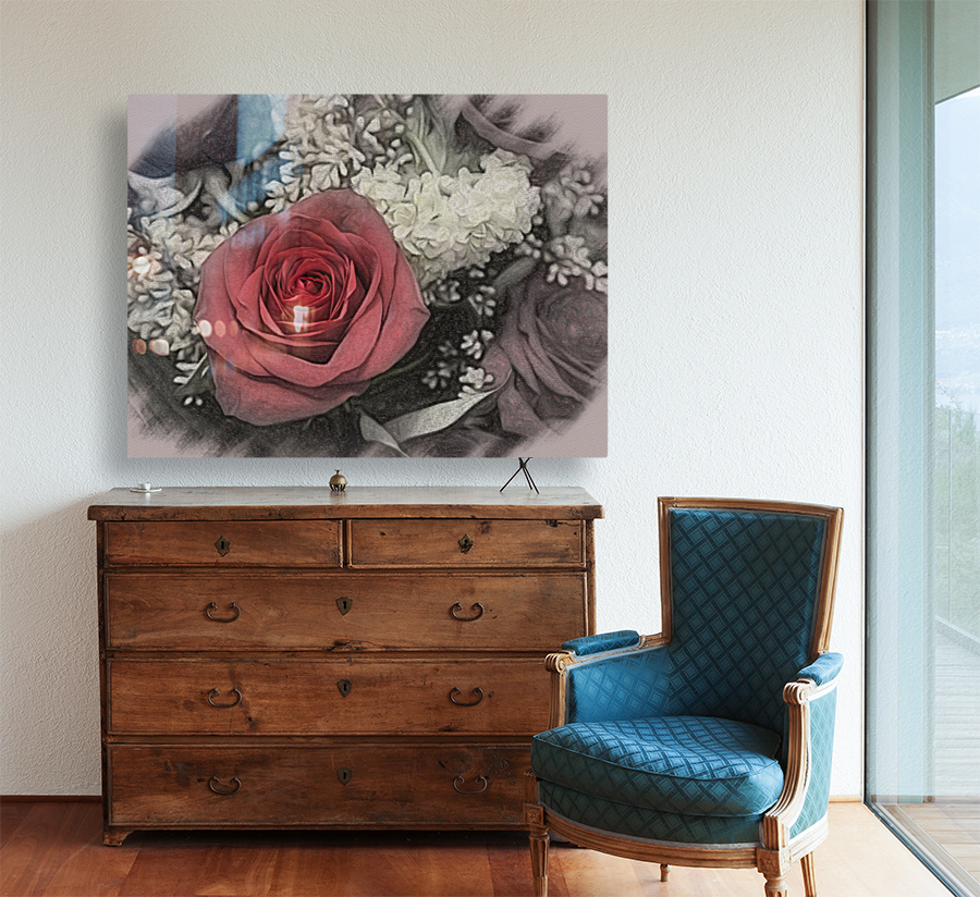 Color charcoal drawing of red rose bouquet Reproduction