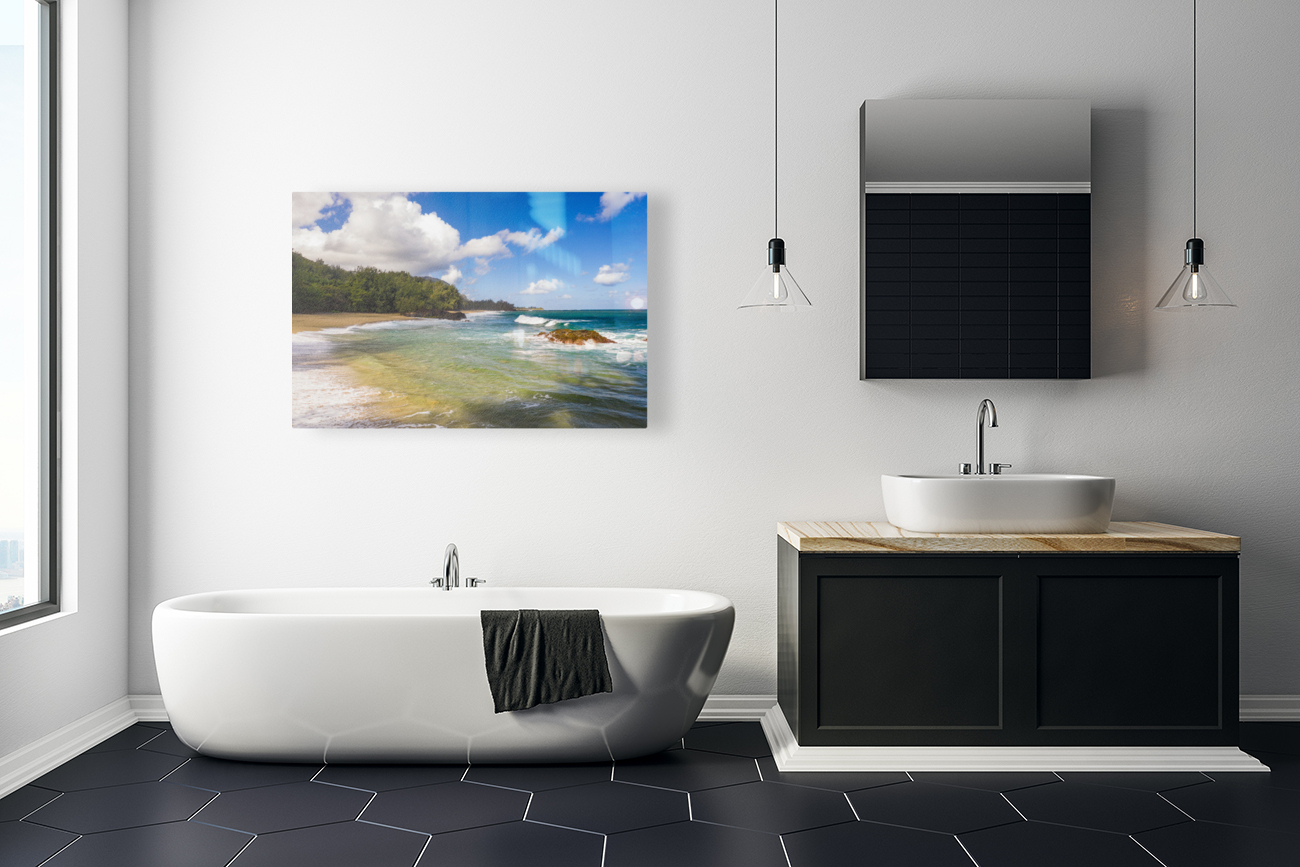 Aerial drone shot of Lumahai Beach on the north shore of Kauai i Reproduction