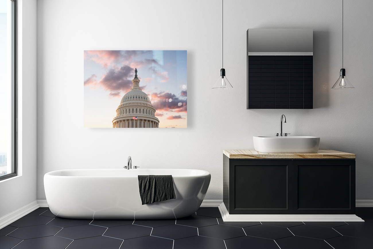 Flag flies in front of Capitol in DC at sunrise Reproduction