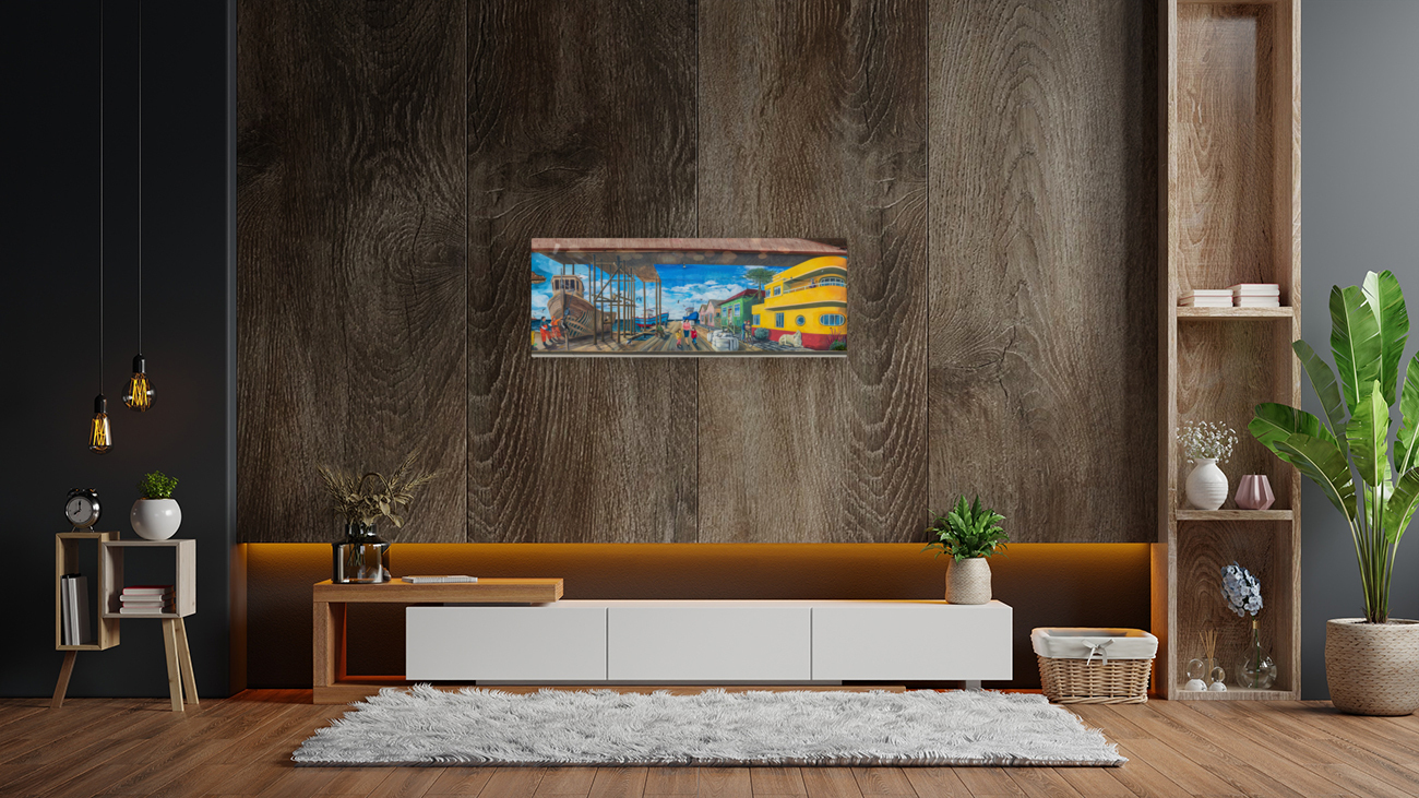 Wall mural of busy port on building in Punta Arenas in Chile Reproduction