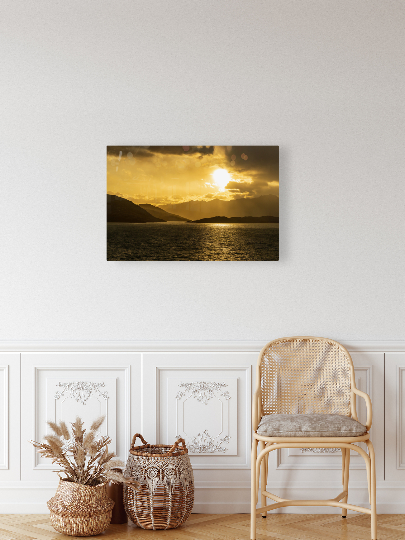 Cruise ship sailing to dawn in Beagle channel in Chile Reproduction