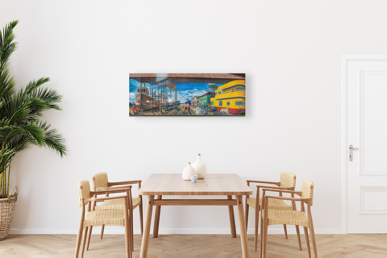 Wall mural of busy port on building in Punta Arenas in Chile Reproduction