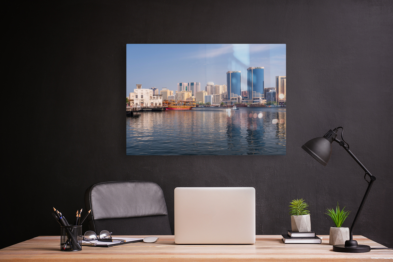 The Creek by Bur Dubai and Al Seef with large docked cruise boat Reproduction