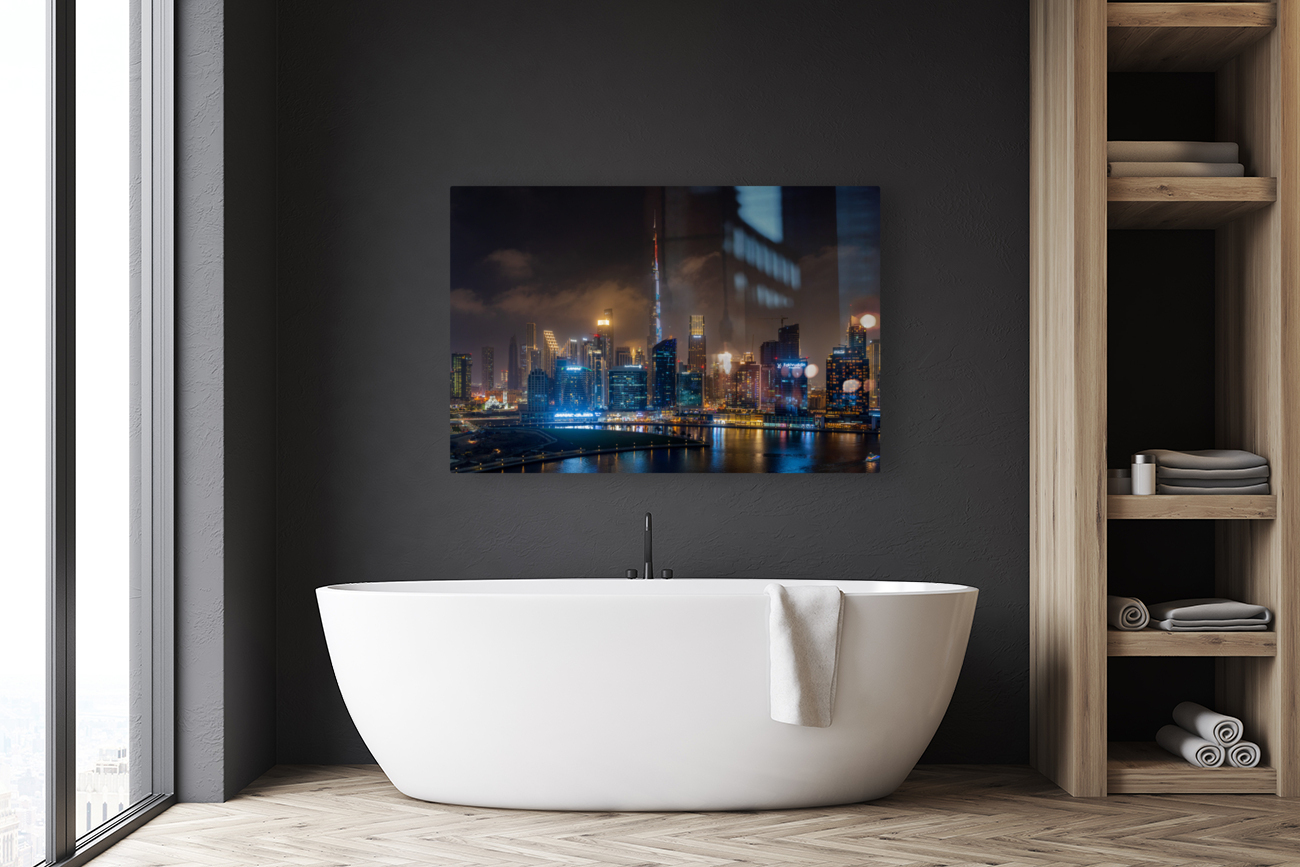 Offices and apartments of Dubai Business Bay with district behin Reproduction