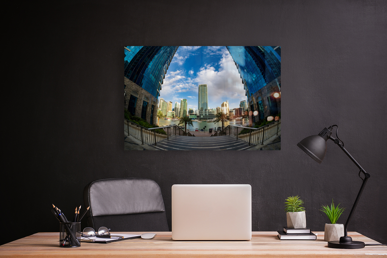 Fisheye view of tall buildings on waterfront at Dubai Marina Reproduction