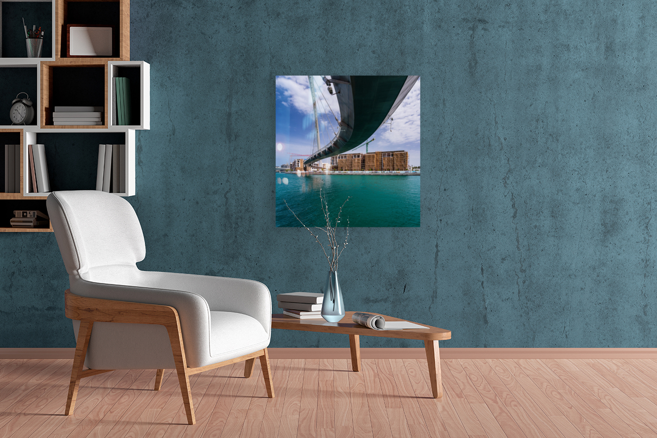 Modern apartments alongside Dubai Canal under Tolerance bridge Reproduction