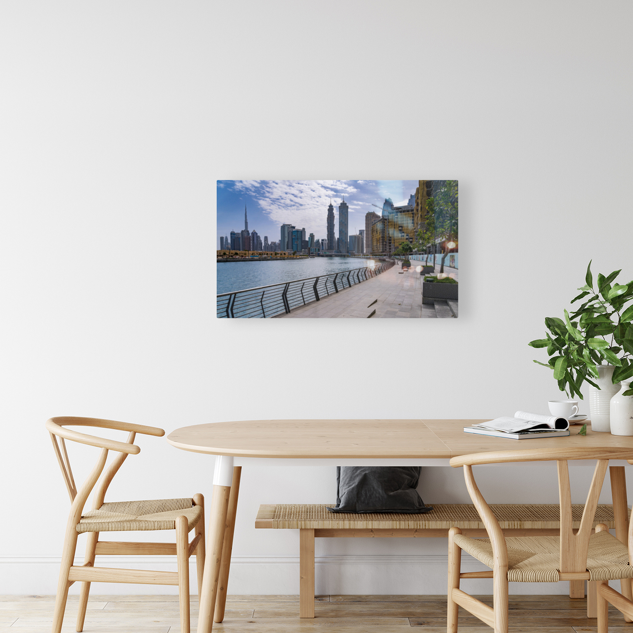 Low rise homes in front of modern apartments of Dubai Downtown d Reproduction