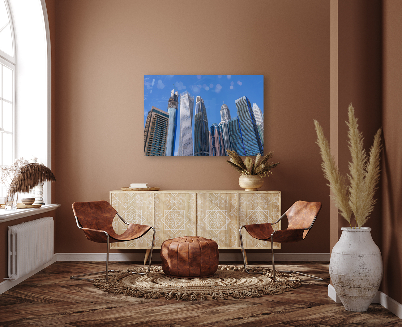 Cayan Tower among tall buildings on waterfront at Dubai Marina Reproduction