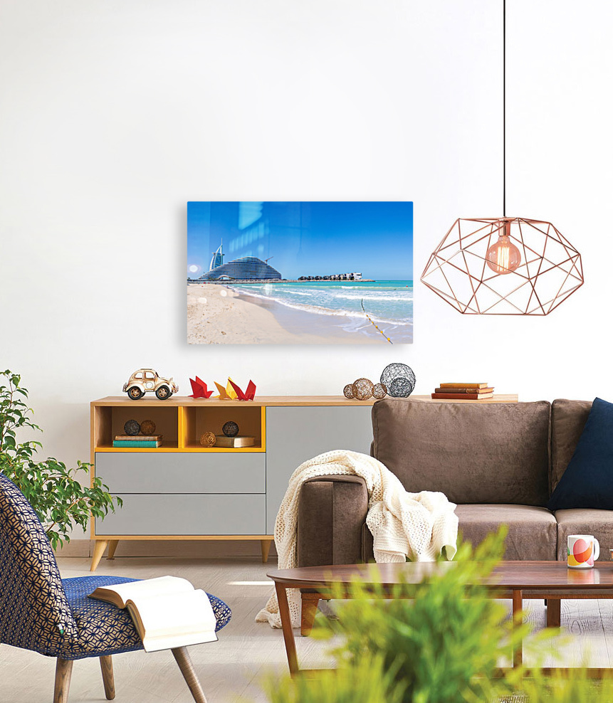 Iconic Burj al Arab behind newly constructed Marsa al Arab hotel Reproduction