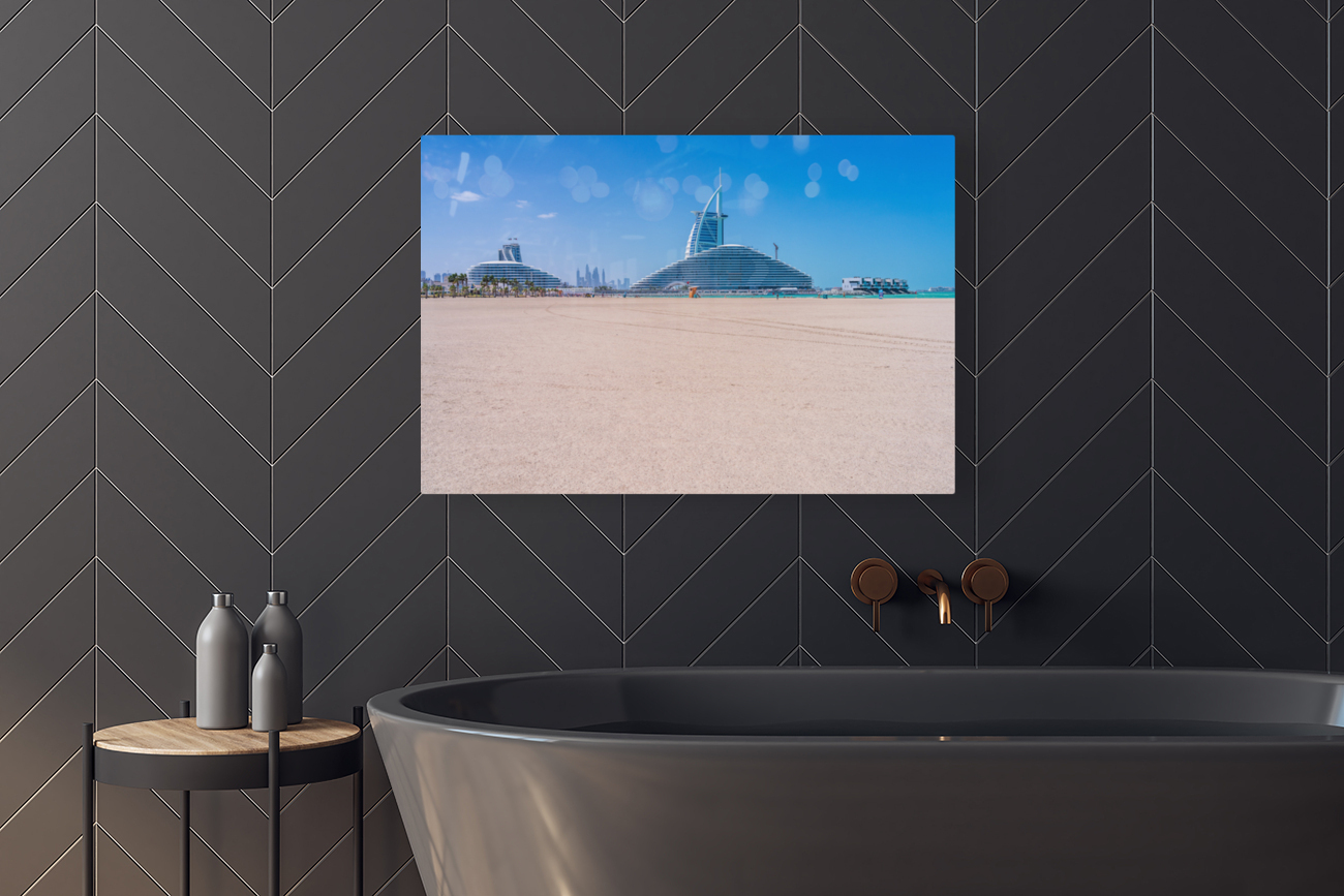 Iconic Burj al Arab behind newly constructed Marsa al Arab hotel Reproduction