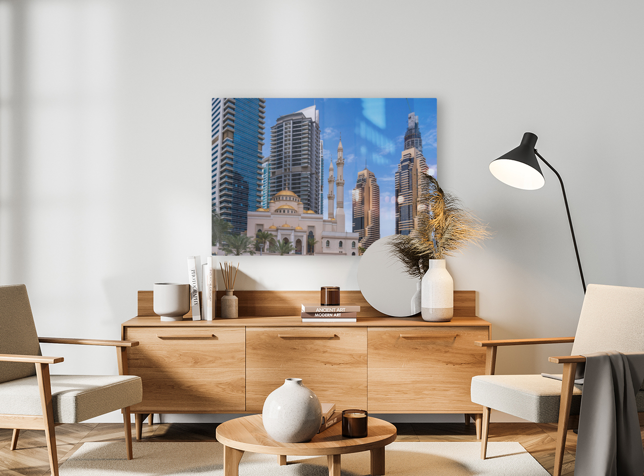 Mosque among towers on the waterfront at Dubai Marina UAE Reproduction