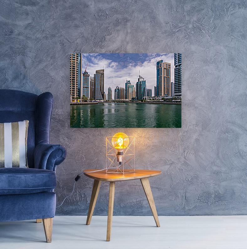 Modern buildings crowd the waterfront at Dubai Marina UAE Reproduction