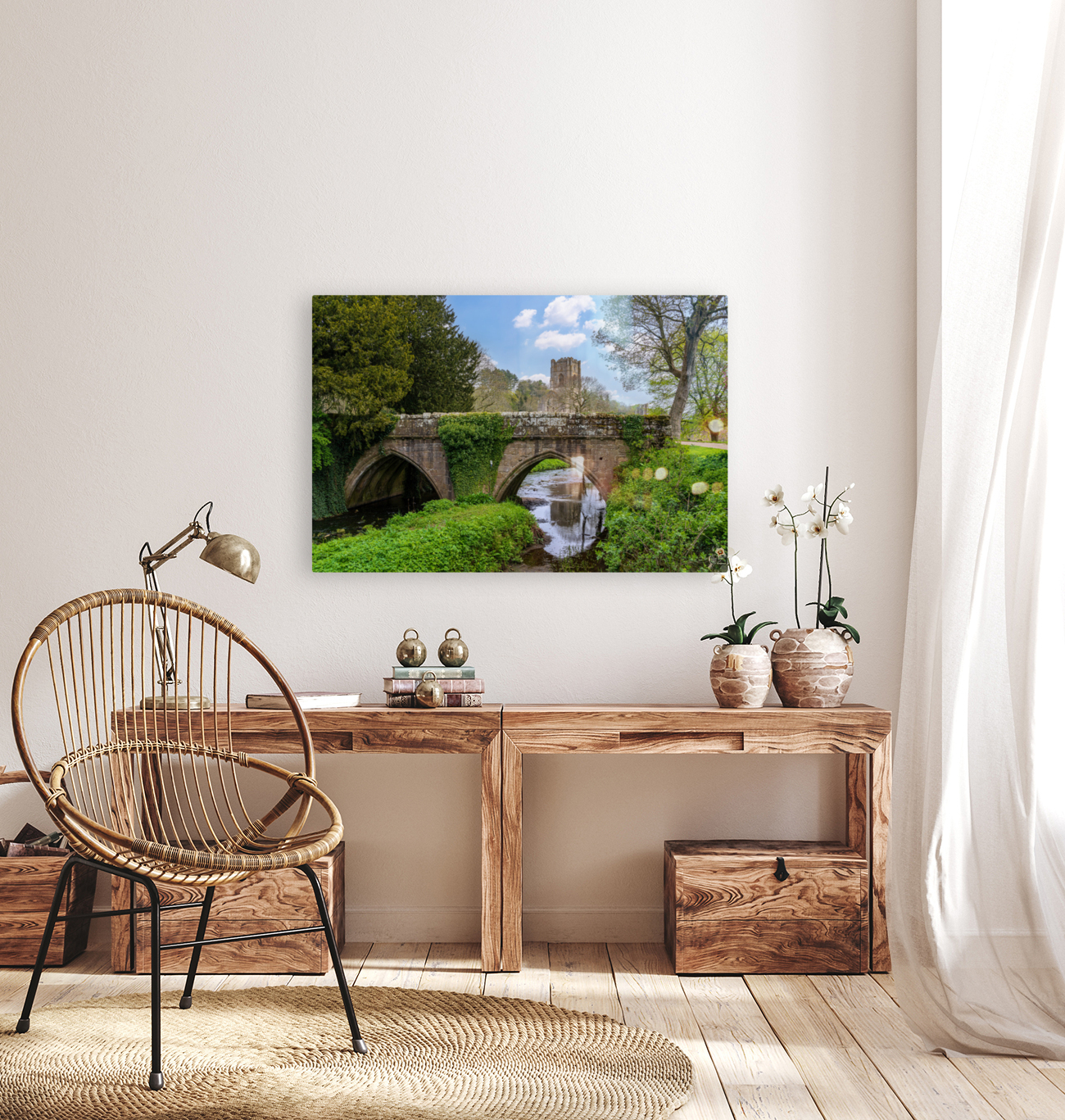 Stone bridge at Fountains Abbey ruins in Yorkshire England Reproduction