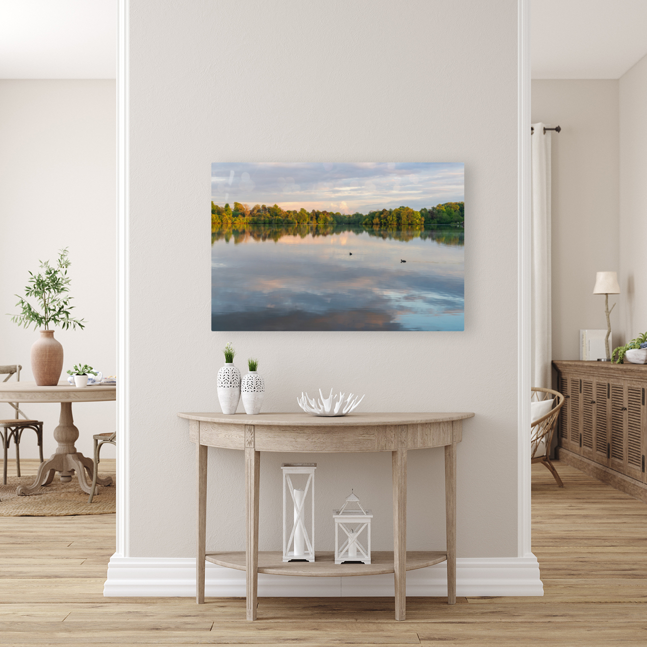 View across the Ellesmere Mere to a clear reflection of distant  Reproduction