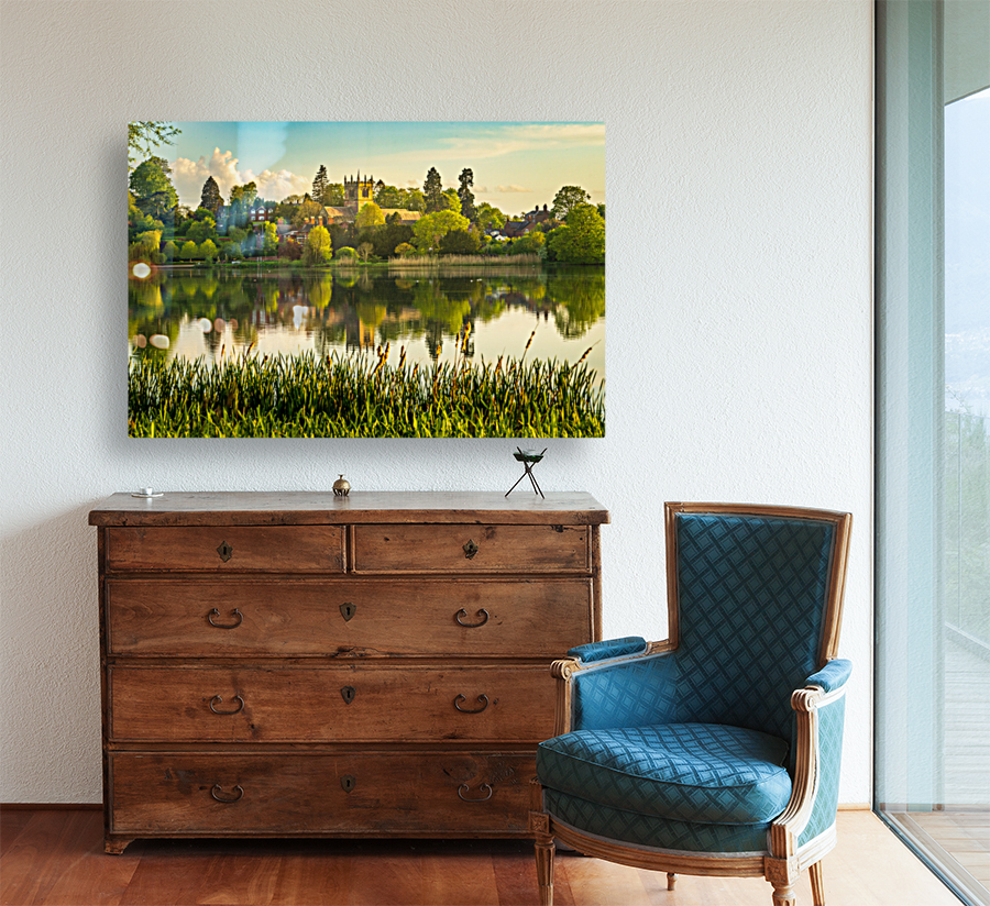 View across the Mere to the town of Ellesmere in Shropshire Reproduction