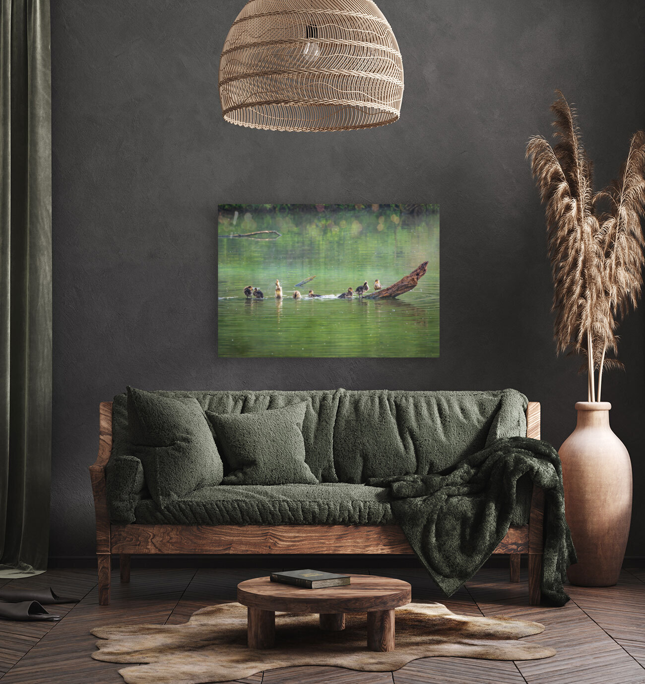 Group of ducklings washing in lake at dusk Reproduction