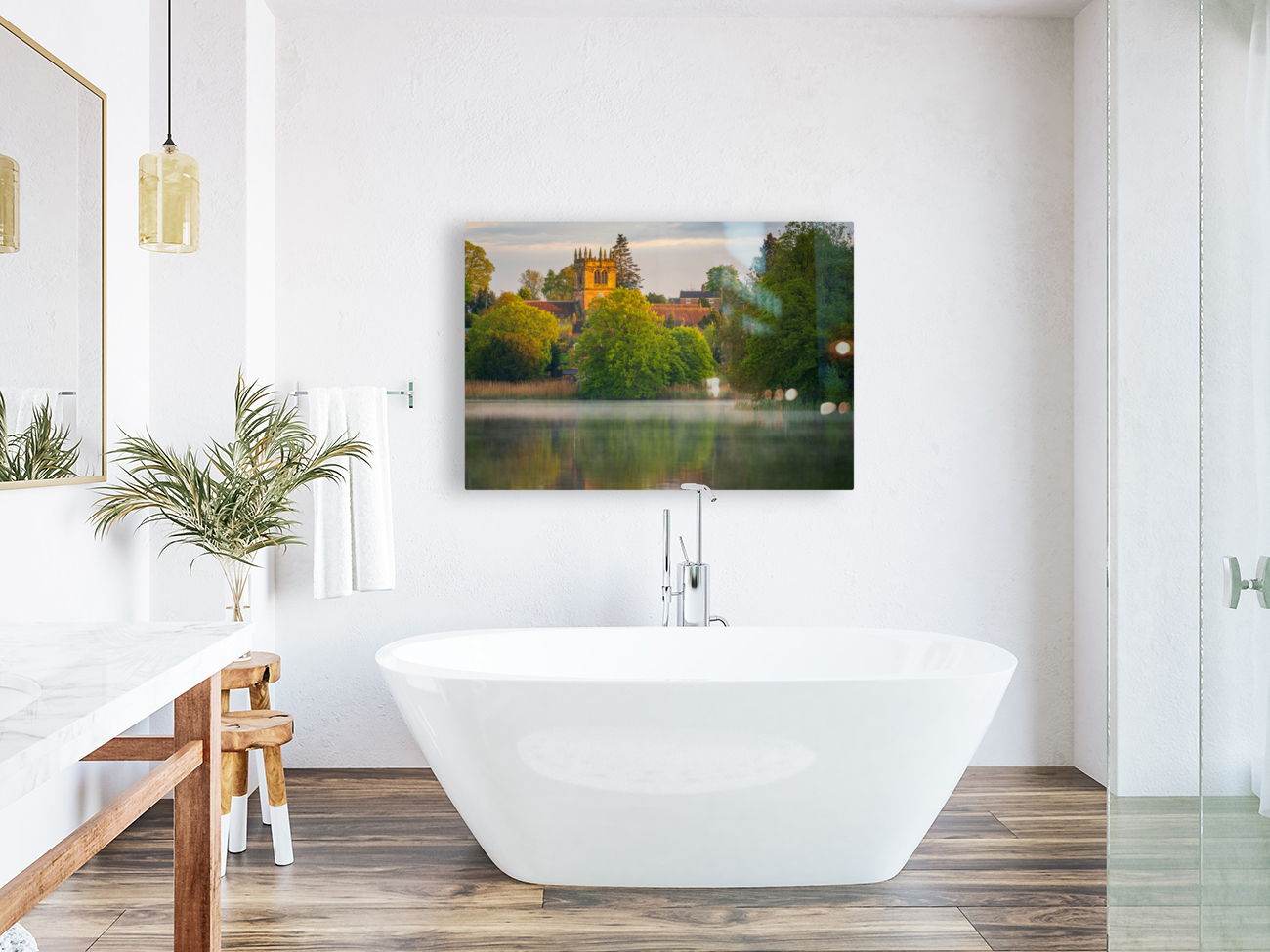 Sunset view across Ellesmere Mere in Shropshire to church Reproduction