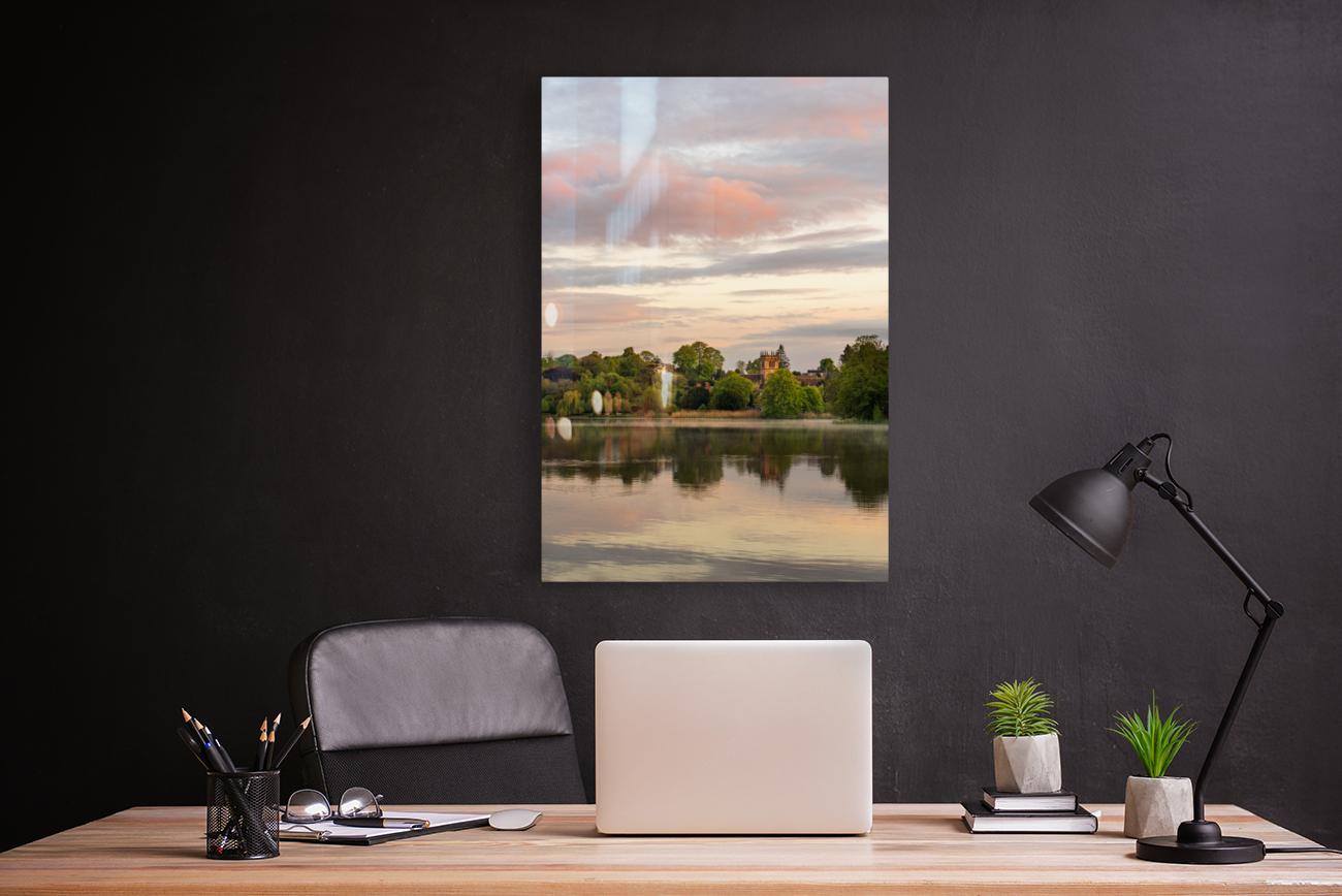 Sunset view across Ellesmere Mere in Shropshire to church Reproduction