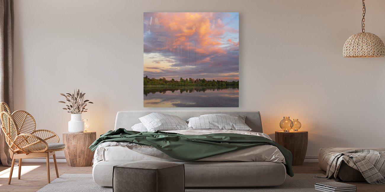 View across the Ellesmere Mere to a clear reflection of distant  Reproduction