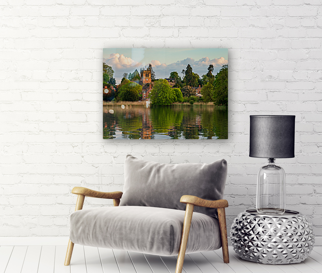 View across the Mere to the town of Ellesmere in Shropshire Reproduction