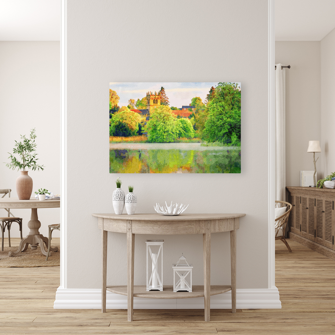 Watercolor across Ellesmere Mere in Shropshire to church Reproduction