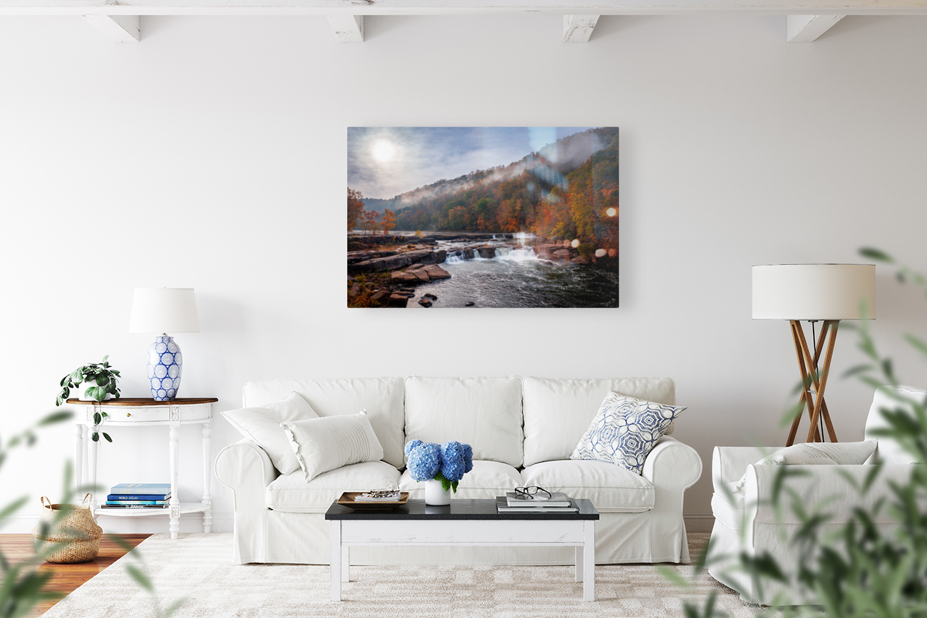 Sun rising over Valley Falls on a misty autumn day Reproduction